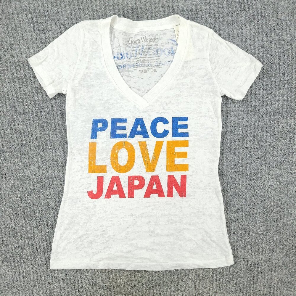 Good Works Shirt Women's Medium White Buckle Peace Love Japan Sheer Short Sleeve